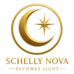 Embossed gold Schelly Nova logo featuring a crescent moon and radiant star within a circular frame on a dark shadow-black background, with elegant serif text ‘Schelly Nova’ above the tagline ‘Becomes Light.