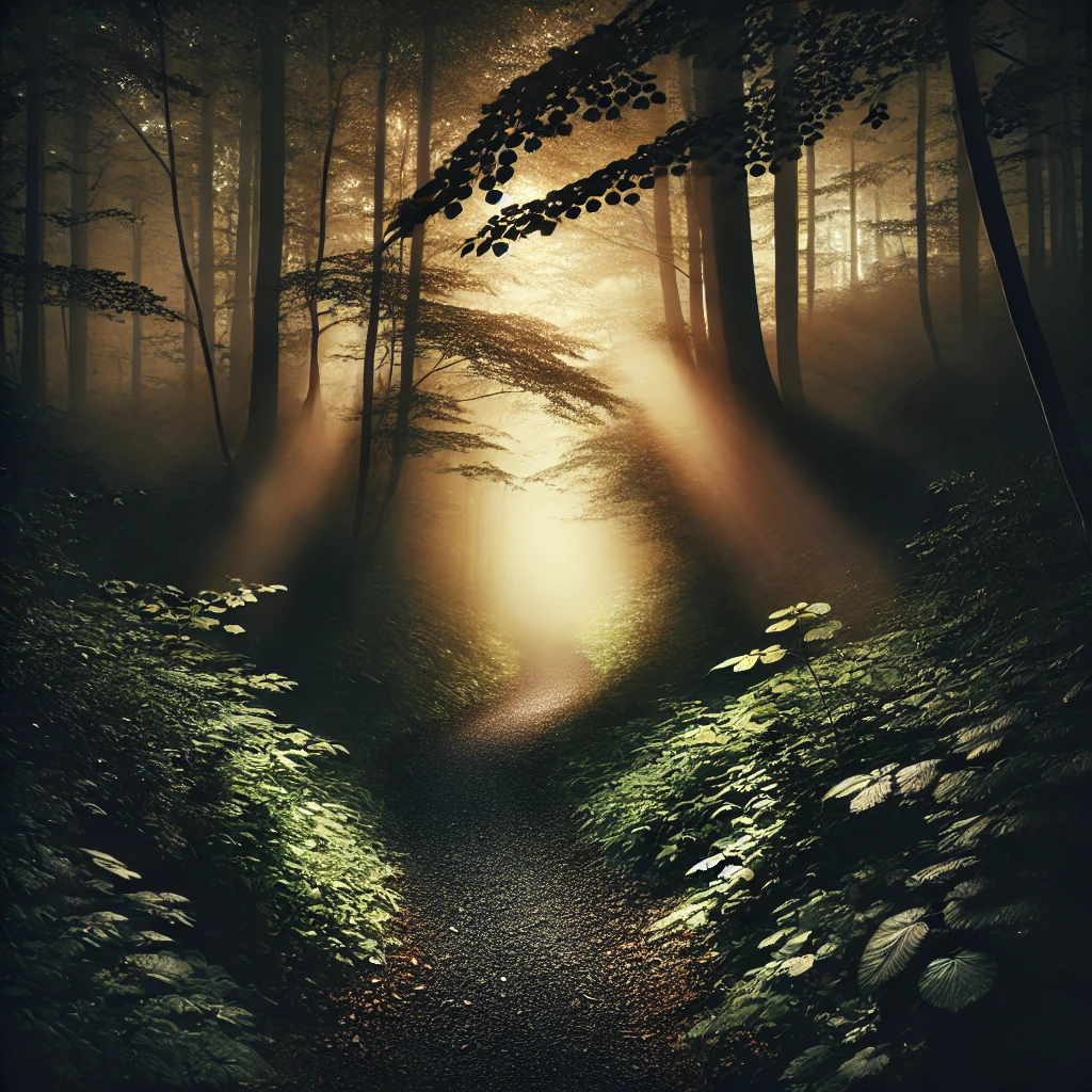 mysterious and atmospheric image of a shadowy pathway surrounded by soft glowing light filtering through a dense forest