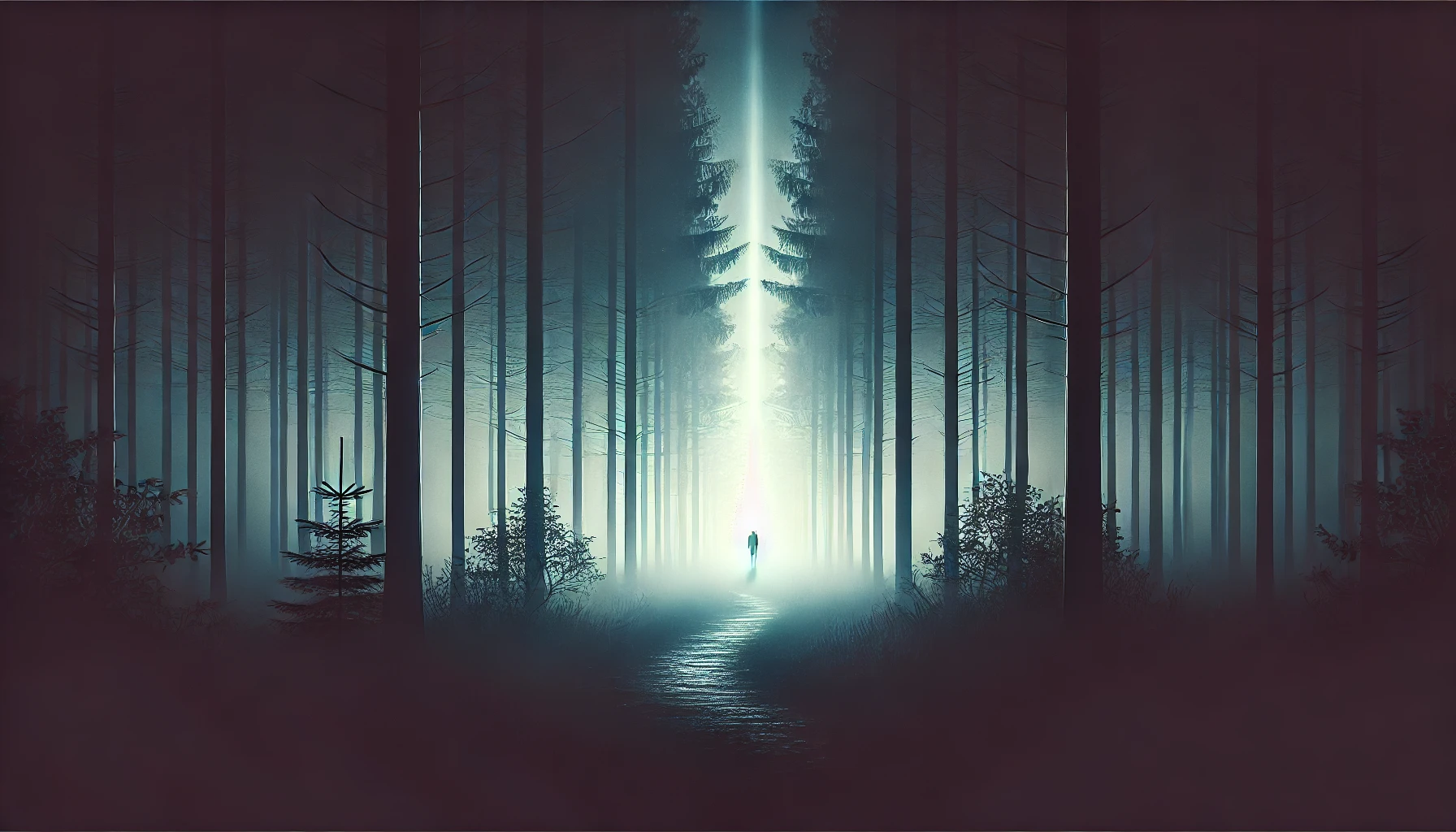 captivating and mysterious image for a blog post series titled Unsolved Mysteries featuring a shadowy foggy forest path illuminated by a single opening at other end