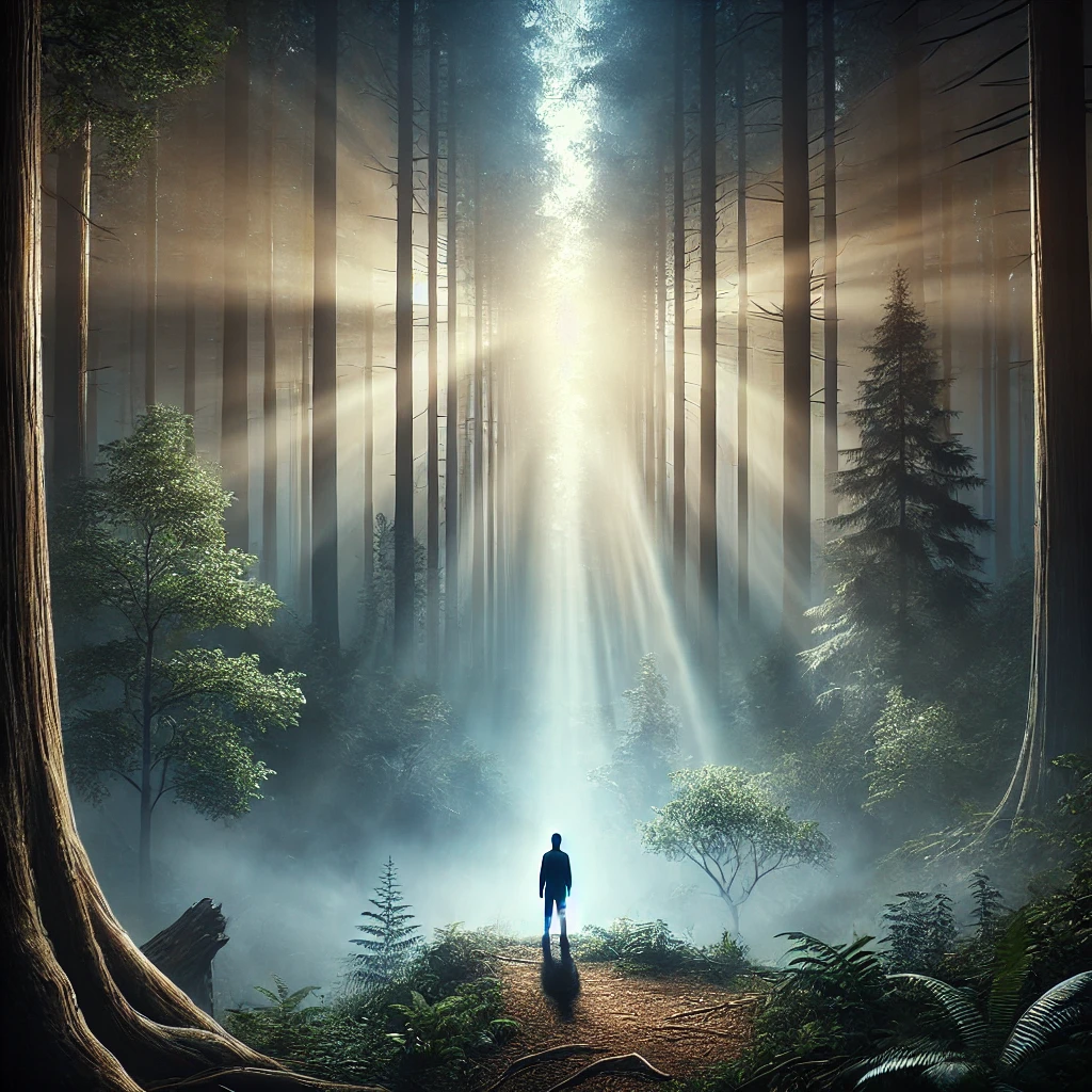 hyper-realistic and powerful image depicting a person standing at the edge of a vast misty forest illuminated by ethereal light streaming through