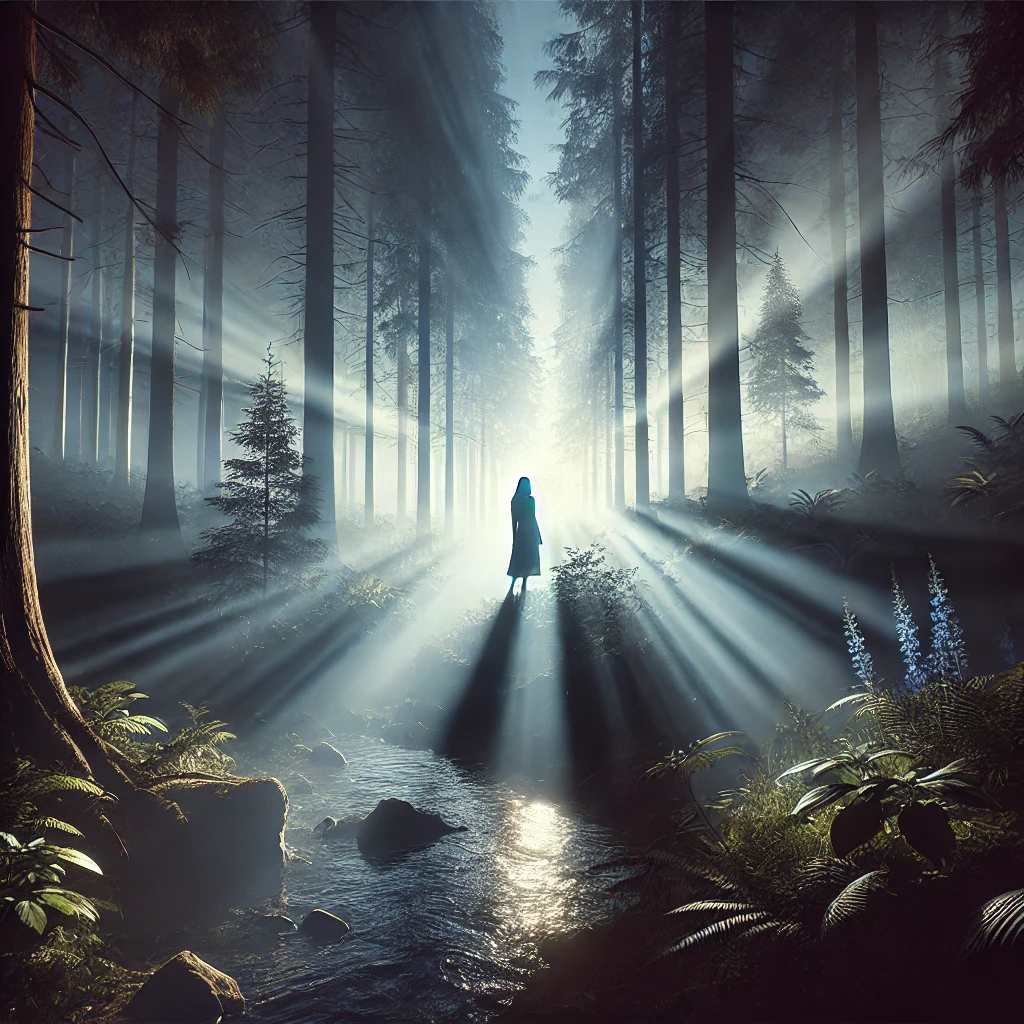 hyper-realistic image of a silhouette of a woman standing at the edge of a vast, misty forest. Ethereal light streams through the tall trees, creating a mystical and awe-inspiring atmosphere. The woman’s silhouette appears reflective and resolute, symbolizing courage, self-discovery, and the journey into the unknown. The scene is rich in texture, with soft mist and detailed foliage adding depth and mystery.