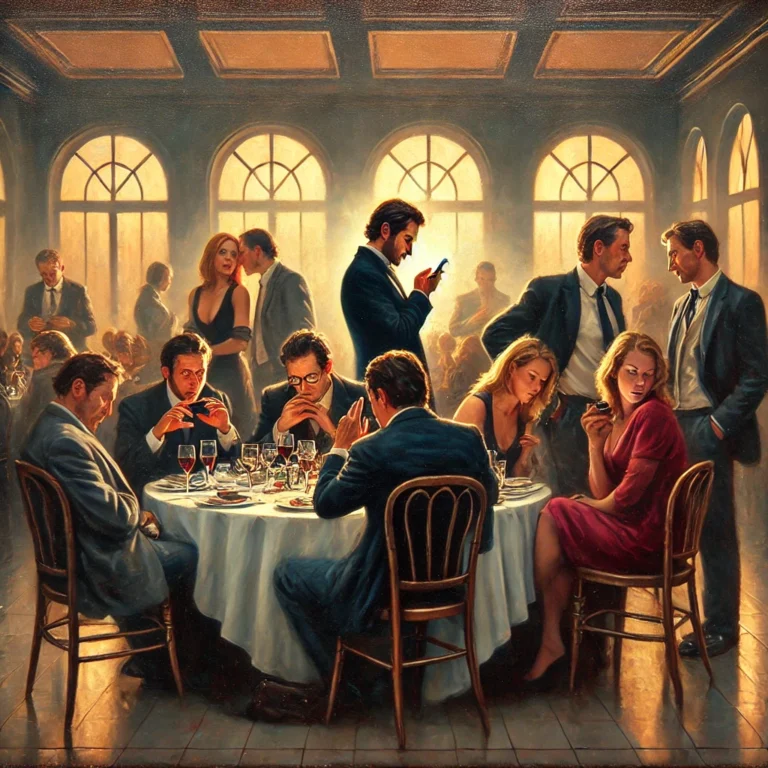 A cinematic oil painting of a social gathering in an elegant venue. One person interrupts a conversation, speaking over others with an animated expression. Another is engrossed in their phone, completely disconnected from the group. In the foreground, someone stands too close to another person, visibly invading their personal space. The background has warm, subtle lighting, contrasting with the tension in the scene