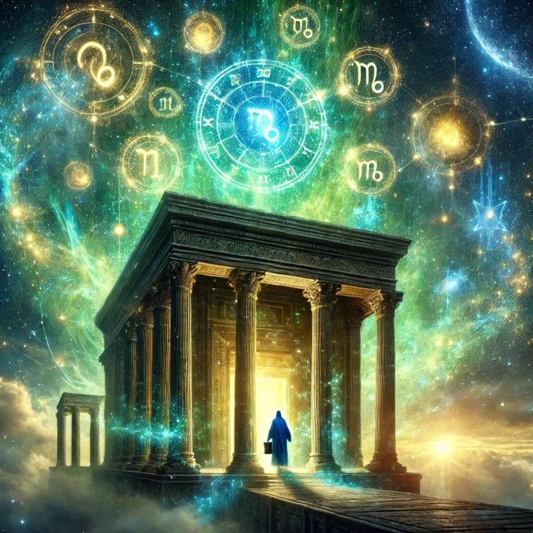 A breathtaking celestial scene depicting an ancient astrological temple floating in a cosmic expanse. The temple is illuminated by ethereal green and golden energy, with planetary symbols glowing in the sky above. A lone figure, cloaked in deep blue, stands at the temple's entrance, hands raised as if unlocking the hidden power of the zodiac. The universe swirls with constellations, nebulae, and radiant cosmic light, creating a sense of mystery, wisdom, and transformation.