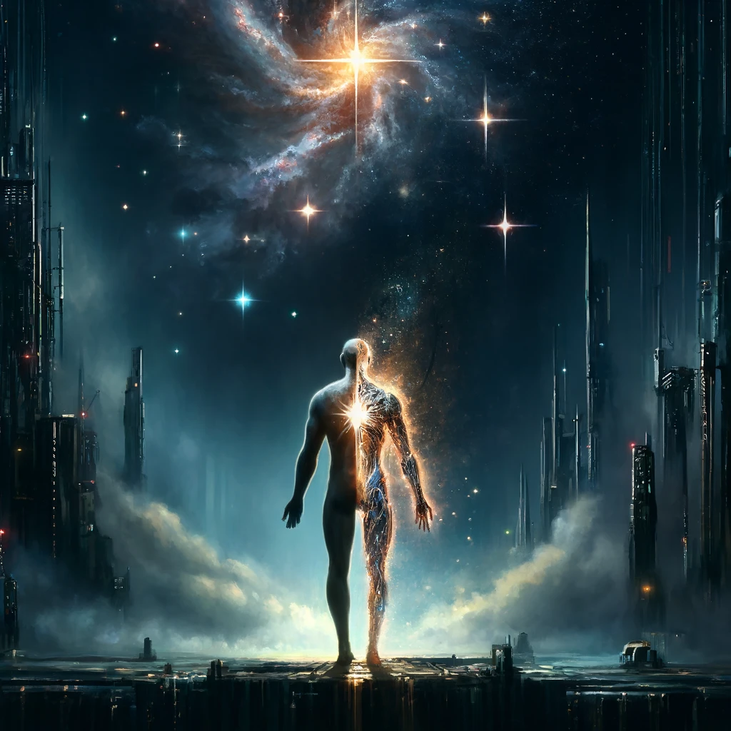 A surreal oil painting of a lone figure at the edge of a futuristic city, half-human and half-AI, staring up at a glowing constellation in the night sky—symbolizing the clash between ancient cosmic identity and modern code.