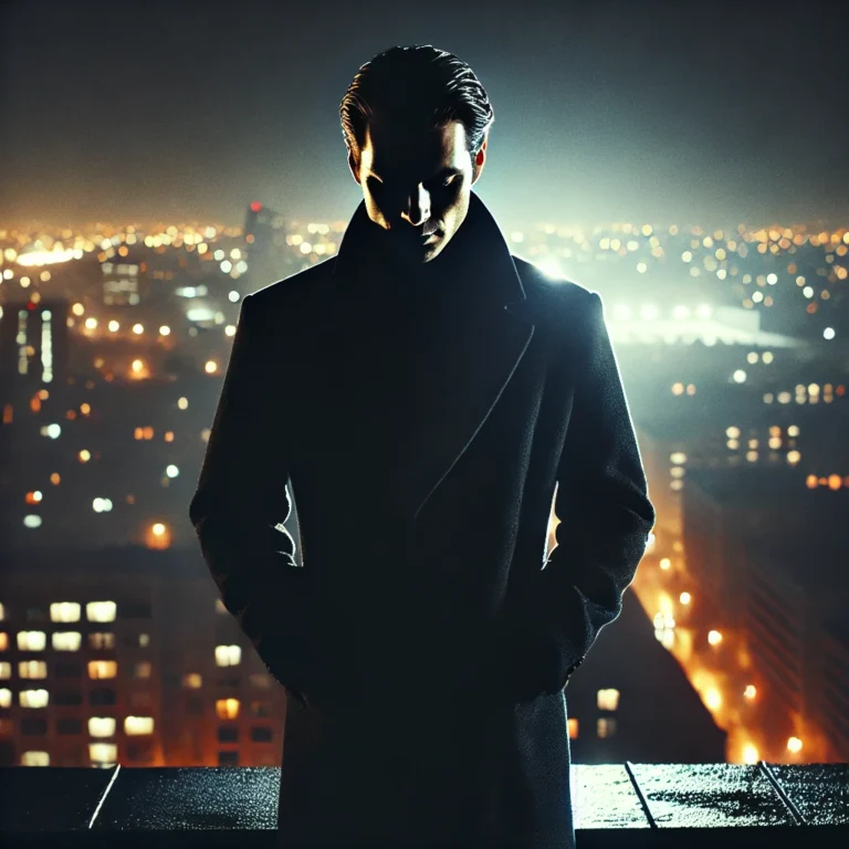 Man standing alone on a rooftop at night, overlooking the city with an untouchable and mysterious presence.