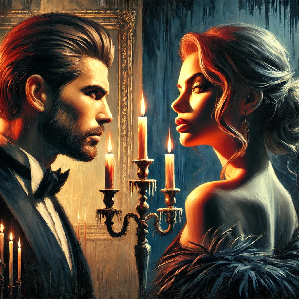 A dramatic oil painting of a powerful man and a confident woman locked in intense eye contact. Behind them, one side shows a candlelit room symbolizing monogamy, the other a dark wilderness representing power dynamics. The atmosphere is emotionally charged, blending romance, dominance, and choice.
