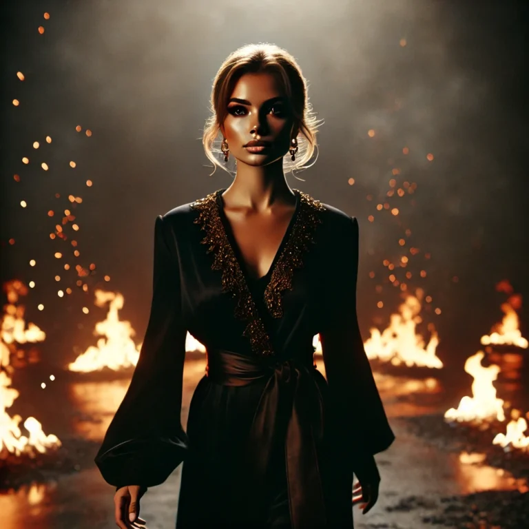 Powerful woman walking through firelight with her head held high, radiating clarity, presence, and unapologetic strength.