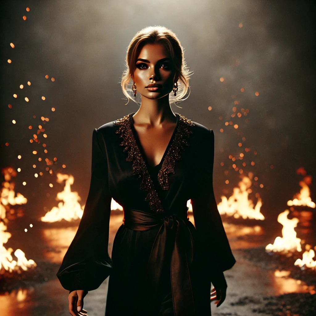 Powerful woman walking through firelight with her head held high, radiating clarity, presence, and unapologetic strength.
