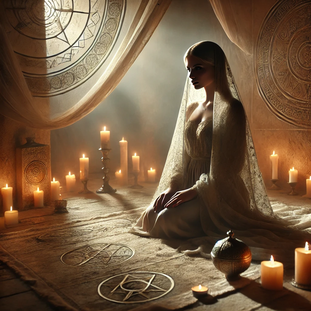 Veiled woman seated in a candlelit sacred space, surrounded by symbols and silence, embodying the deep inner knowing of The Circle Within.