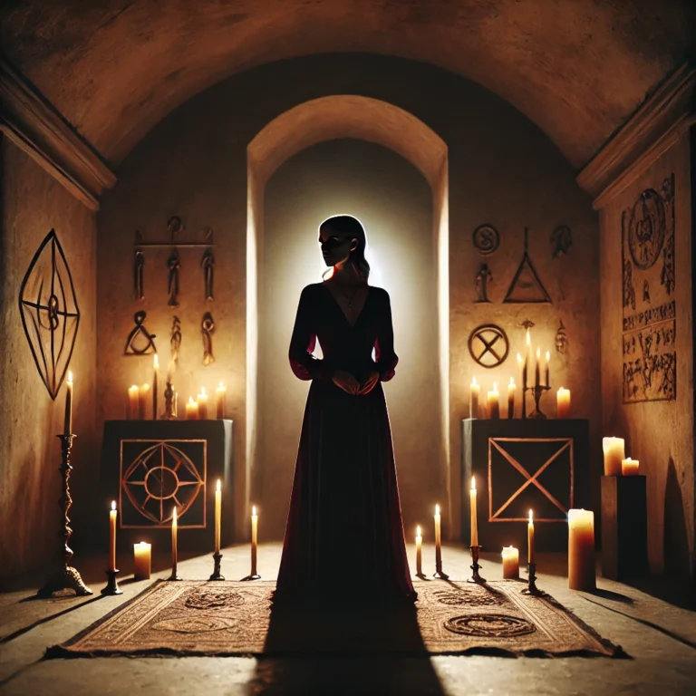 Mysterious woman in a candlelit room surrounded by shadows and ancient symbols, radiating quiet power and sacred feminine knowing.