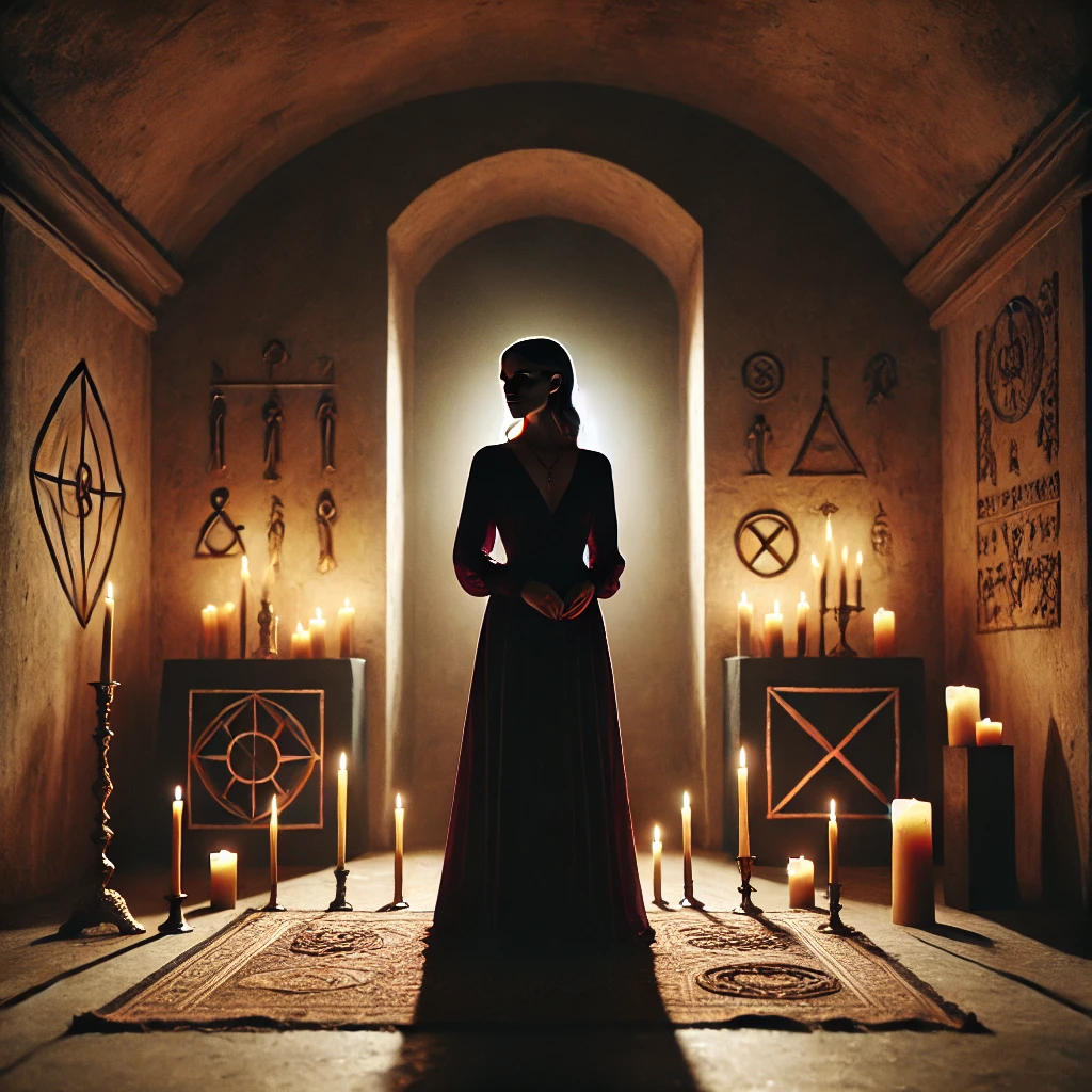 Mysterious woman in a candlelit room surrounded by shadows and ancient symbols, radiating quiet power and sacred feminine knowing.
