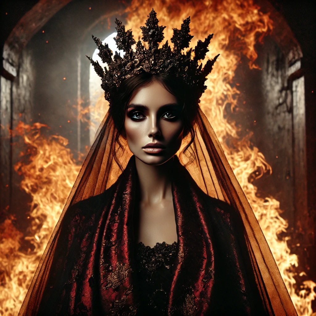 A regal woman standing before a massive blazing fire, wearing a crown of ash and gold, radiating power and calm authority in a sacred, shadowed space.