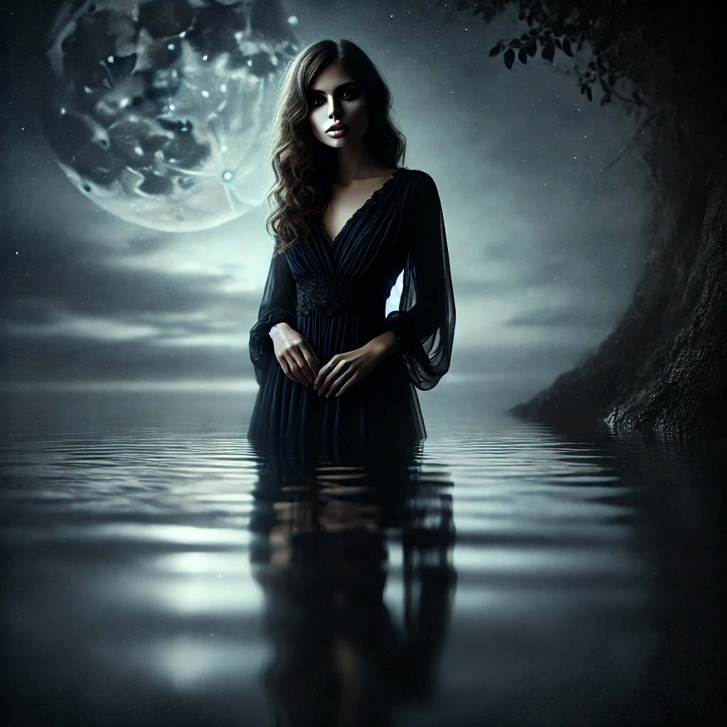 Mysterious woman near dark water under a moonlit sky, radiating quiet emotional power and intuitive presence.