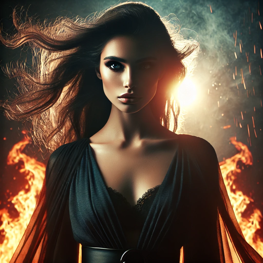 Mysterious woman standing before a glowing fire, embodying strength, grace, and unstoppable power. Let me know when you're ready to shake the world with the next one.