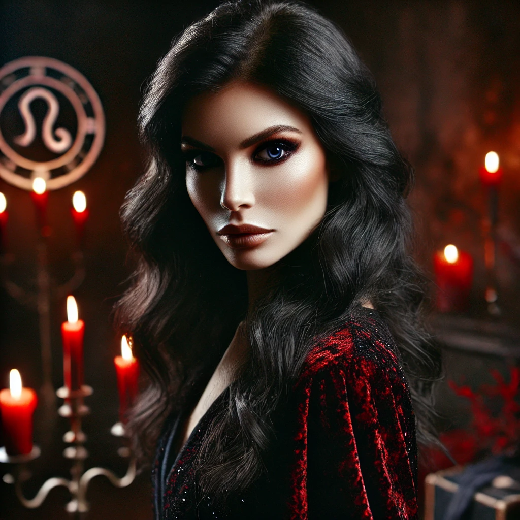Powerful woman in a candlelit, velvet-draped room radiating Venus in Scorpio energy—mysterious, seductive, and emotionally intense.