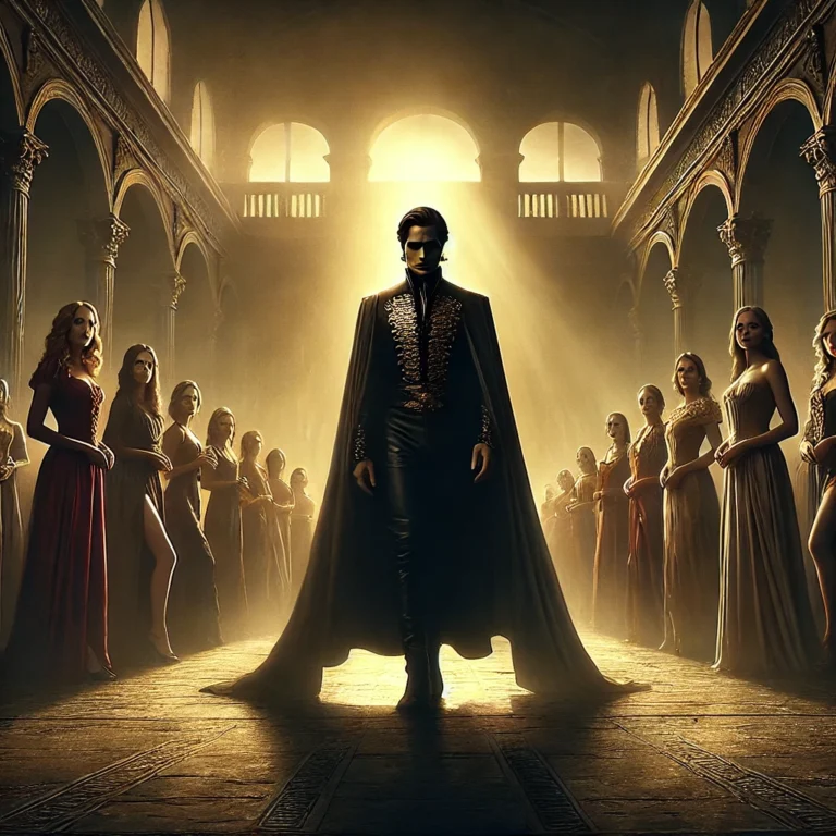 A mysterious, regal man stands in a stone courtyard surrounded by elegant, confident women under golden light — symbolizing power, loyalty, and silent leadership.