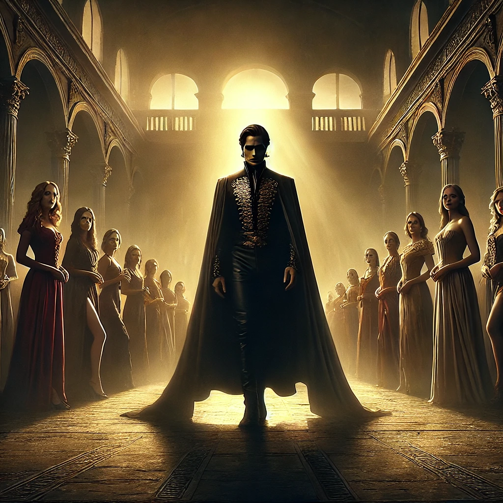 A mysterious, regal man stands in a stone courtyard surrounded by elegant, confident women under golden light — symbolizing power, loyalty, and silent leadership.