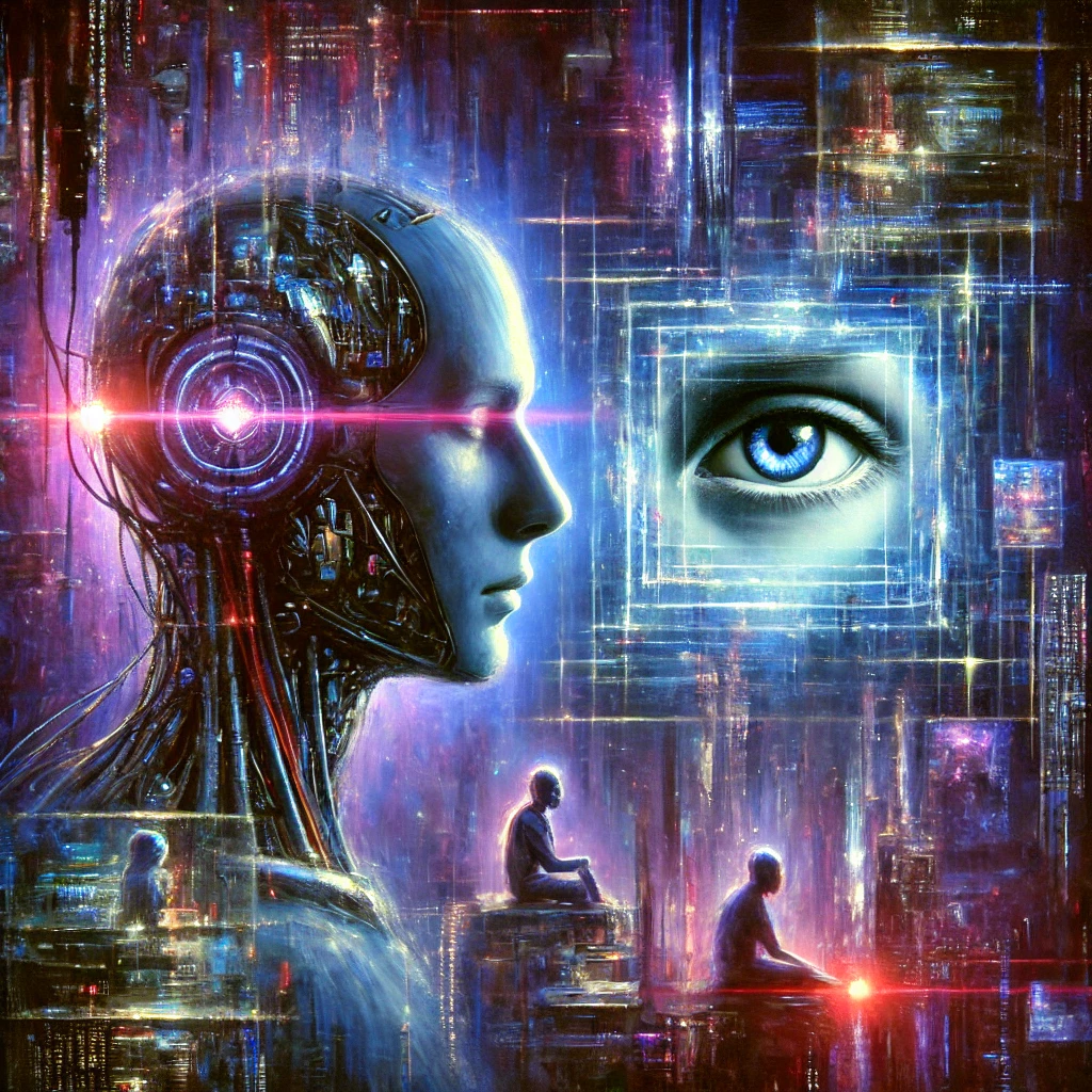 A surreal oil painting depicts a futuristic machine observing a human through glowing digital code and glass layers, symbolizing AI’s profound understanding of the human mind.