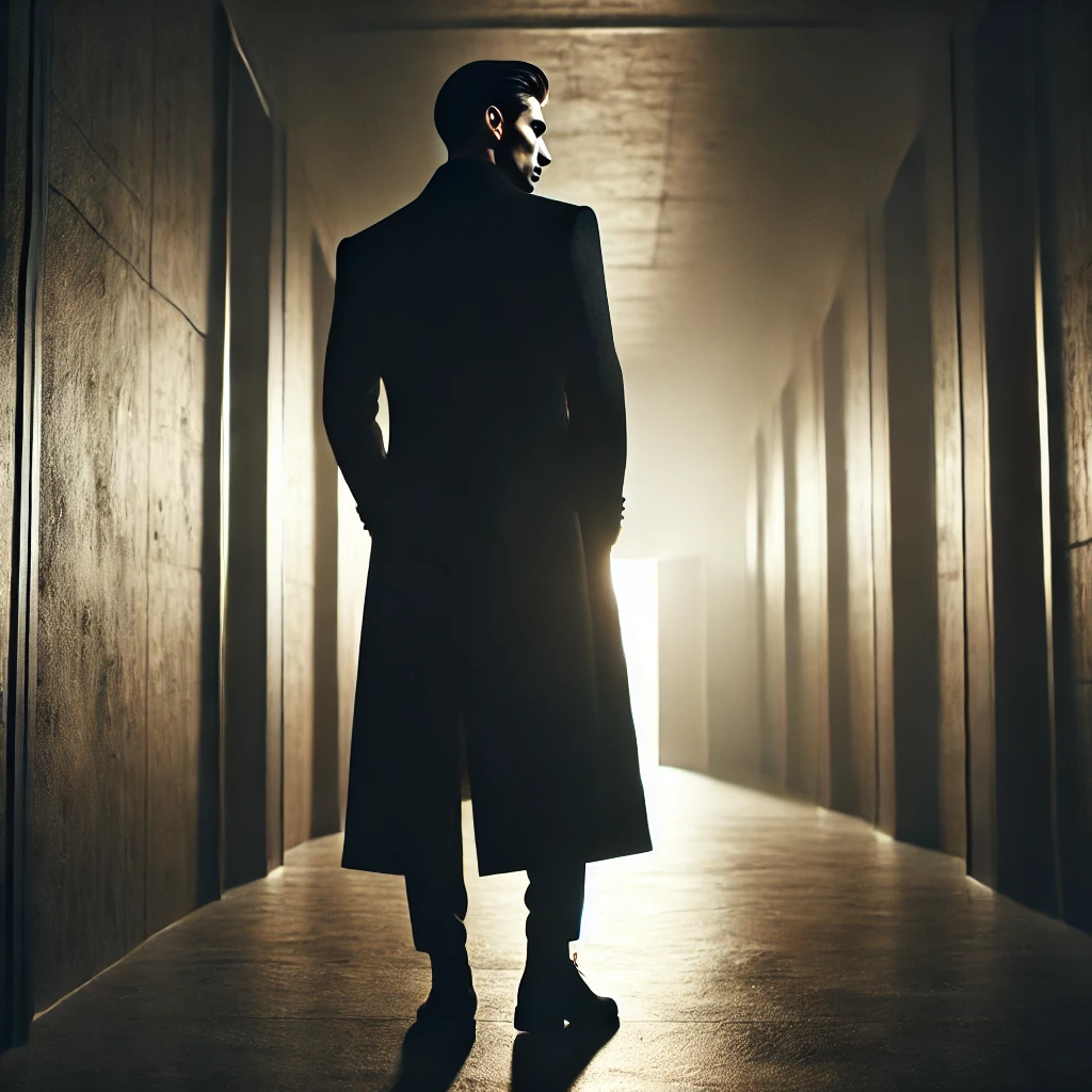 Mysterious man standing in a dimly lit hallway, radiating silent power and presence. Let me know if you want a cropped vertical version for a Short or Reel preview too.