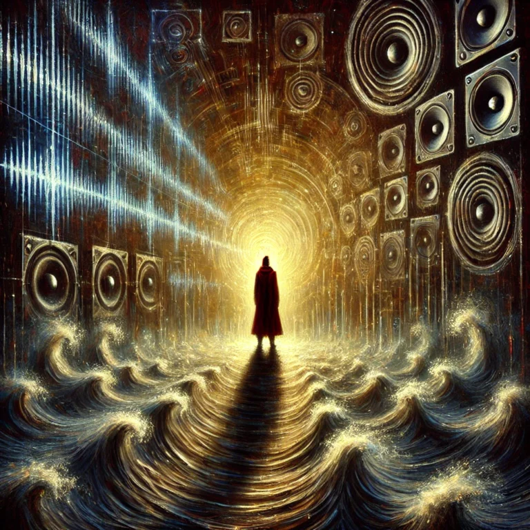A cinematic, high-drama oil painting of a lone figure standing amidst swirling chaos, symbolizing the internal war between primal urges and higher consciousness. The background blurs the lines between pleasure and destruction, with abstract hints of temptation, media influence, and spiritual fragmentation.