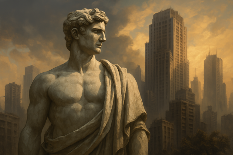 A powerful, solitary man stands in a mist-covered ancient landscape, surrounded by crumbling stone pillars and golden light breaking through the fog—symbolizing lost tradition, masculine strength, and the fading art of true courtship.