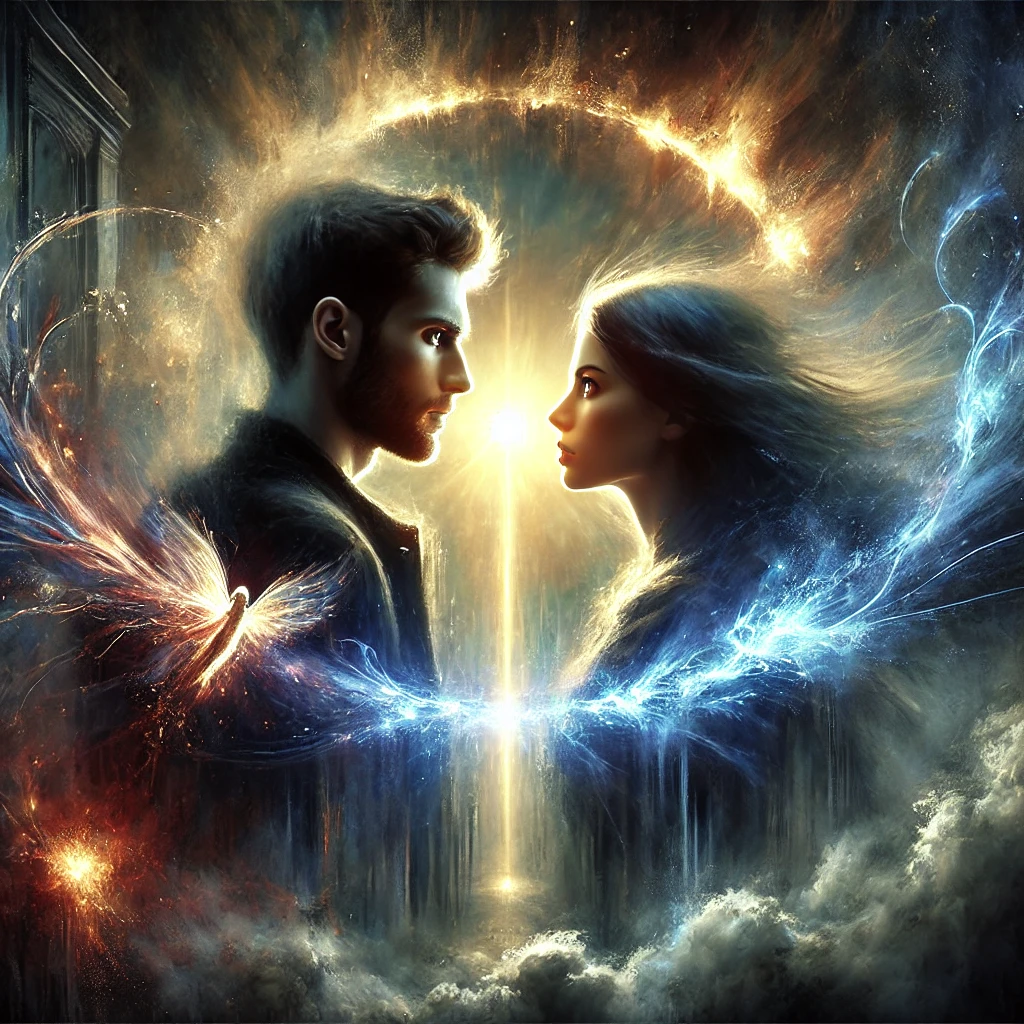 A cinematic, high-drama oil painting of two mysterious figures standing close, surrounded by a glowing, dreamlike aura—capturing the intensity and invisible bond of a soul connection that transcends logic and time.
