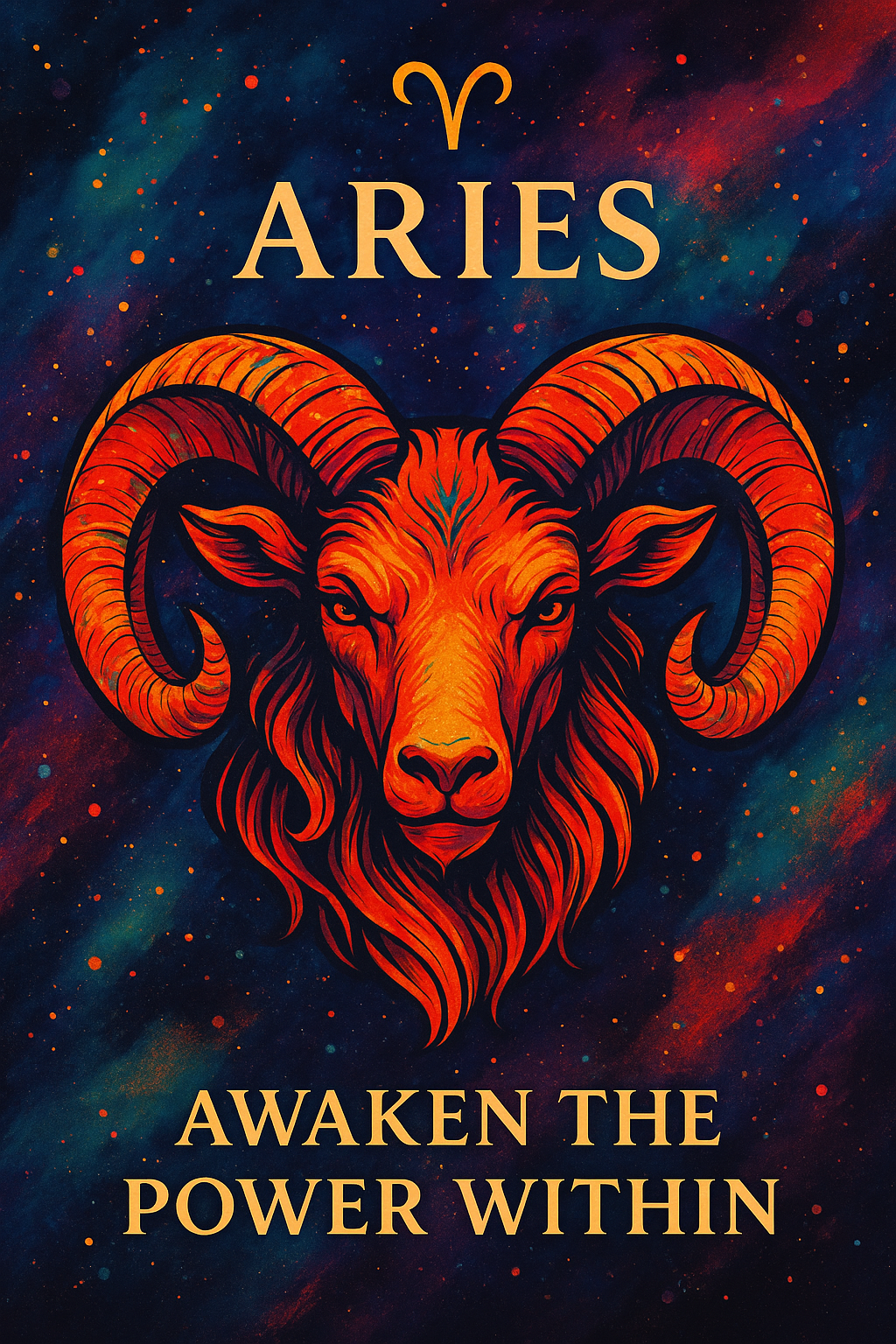 A vibrant digital illustration of Aries, the zodiac ram, bursting with fiery colors and cosmic energy. Bold reds, oranges, and yellows swirl around the Aries symbol, representing courage, leadership, and the unstoppable force of fire.