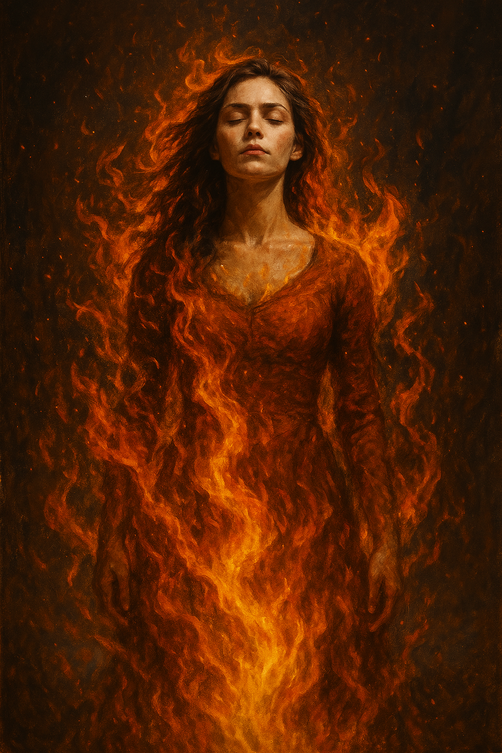 Silhouette of a powerful woman standing in front of roaring flames, her eyes glowing with quiet strength, symbolizing transformation, awakening, and the moment she stops chasing light—because she becomes it.