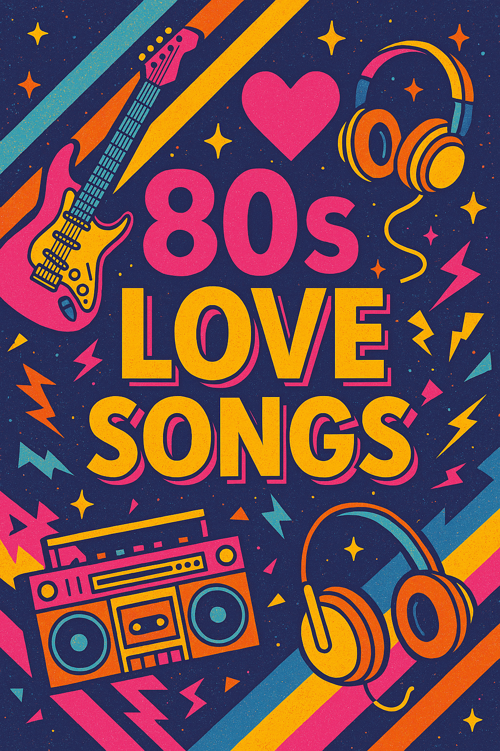 A vibrant 1980s-style digital illustration featuring neon colors, retro music symbols, cassette tapes, and silhouettes of people dancing—evoking the flashy, emotional energy of classic power ballads and MTV-era culture.