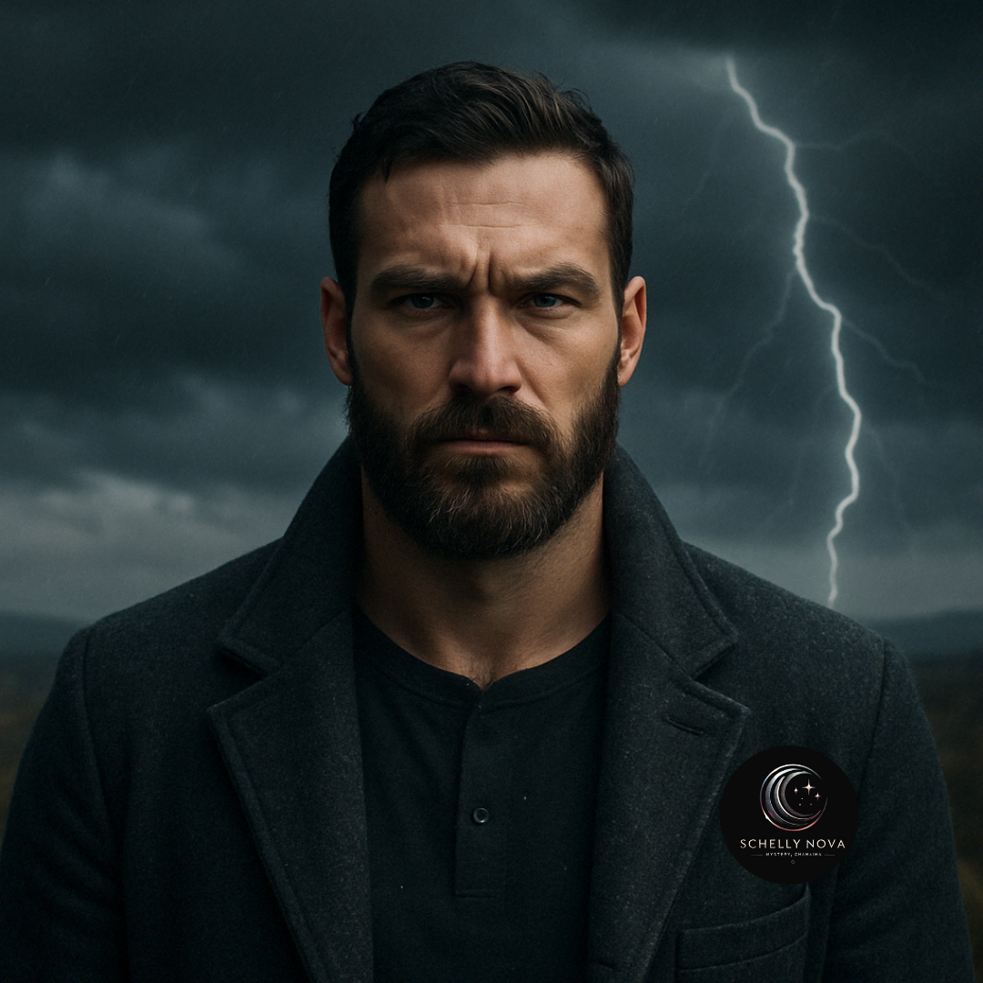A powerful man with a focused gaze stands in front of a stormy sky and lightning strike, symbolizing unshakable presence and emotional strength in the face of chaos.