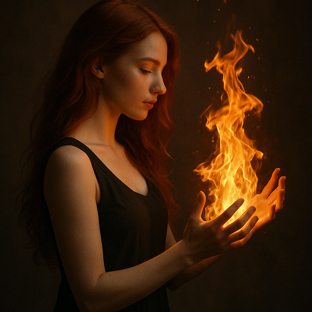 A powerful woman with red hair stands surrounded by smoke and soft firelight, her eyes fierce yet grounded, symbolizing the inner mastery and raw energy of sexual transmutation.