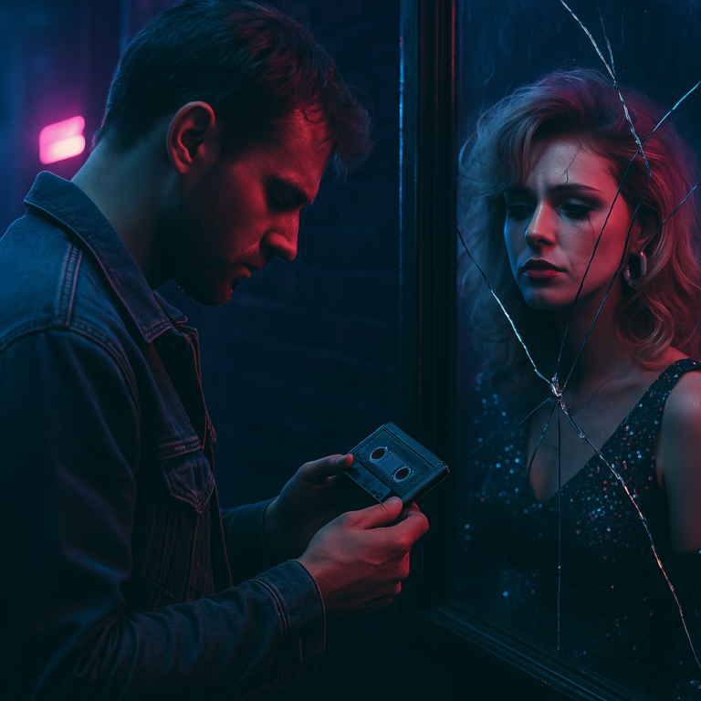 Man holding a cassette tape with head down; woman in 1980s glam style looking into a cracked mirror, symbolizing the emotional manipulation of past decades.