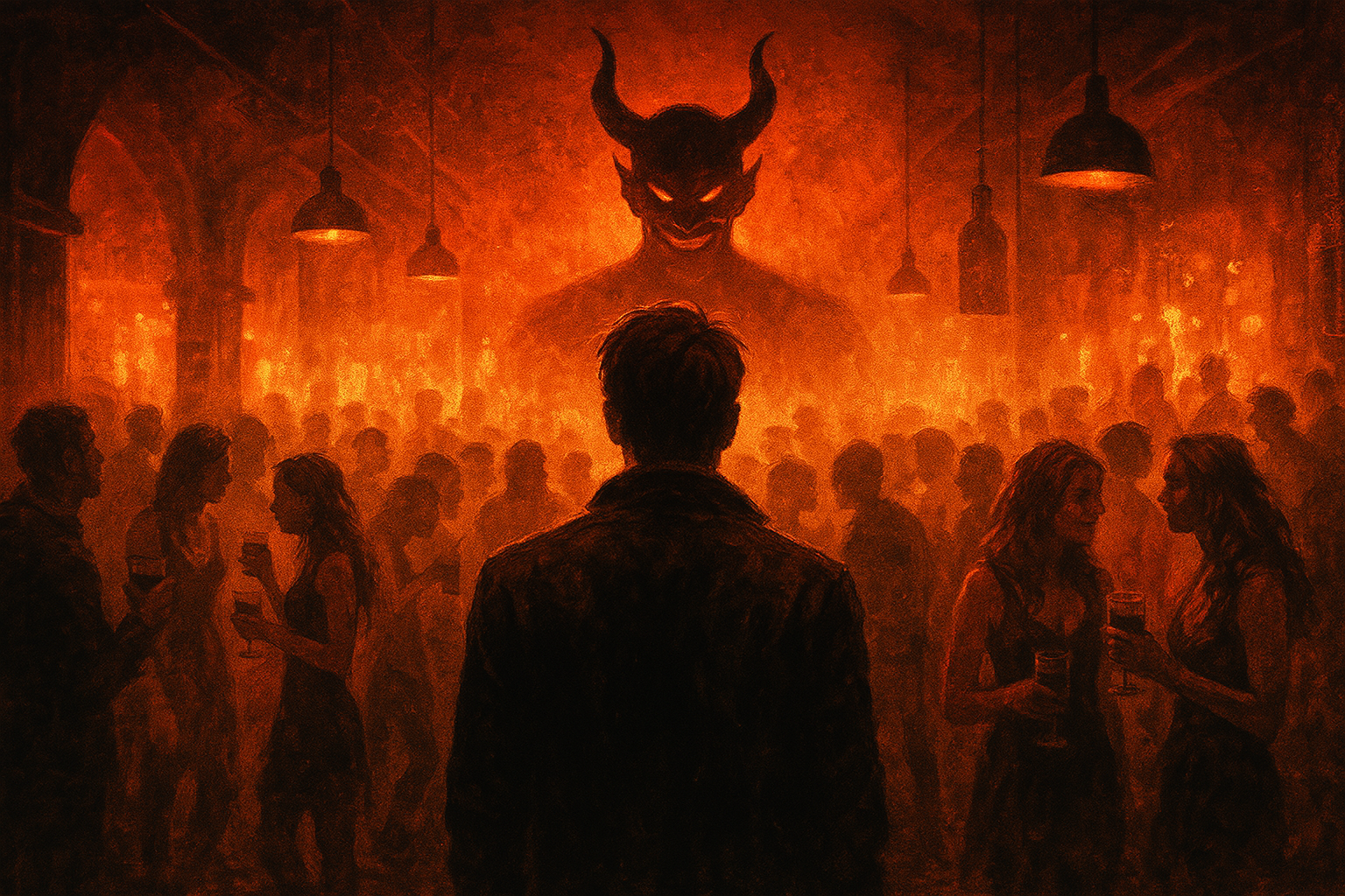 A digital painting of a lavish party scene filled with elegantly dressed figures under dim, seductive lighting—symbolizing mass distraction and indulgence. A shadowy figure watches from above, hinting at hidden control and power.
