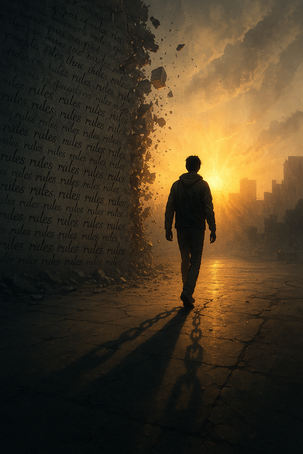 Silhouette of a person walking away from collapsing rules and systems, symbolizing the moment they break free from the lie they were raised on.