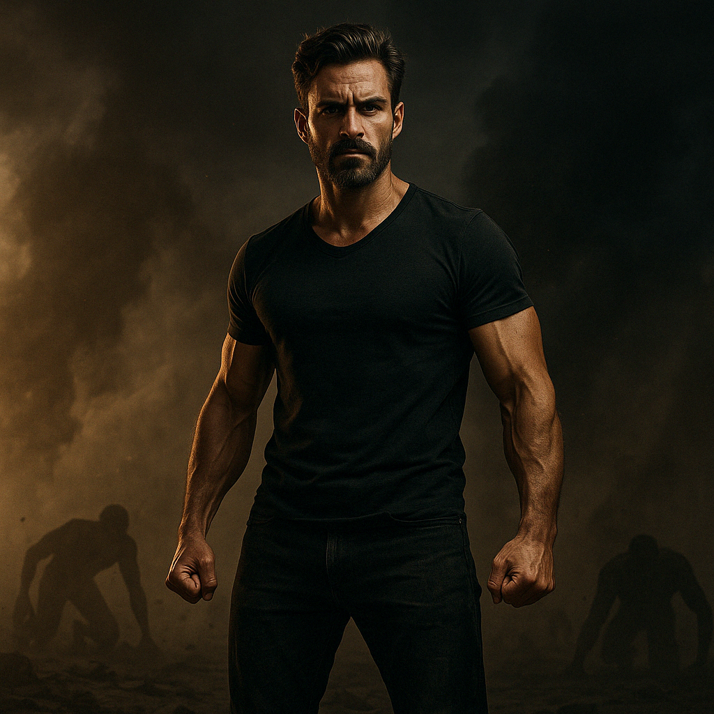A powerful man stands tall in a stormy, smoke-filled battlefield, fists clenched, as ghostlike figures crawl behind him—symbolizing the unbreakable resolve of a man who refuses to bow.