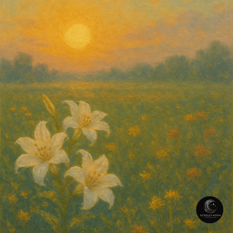 Oil painting of a peaceful Easter sunrise over a field of wildflowers, with white lilies in the foreground and soft golden light illuminating the landscape, symbolizing renewal and quiet reflection.
