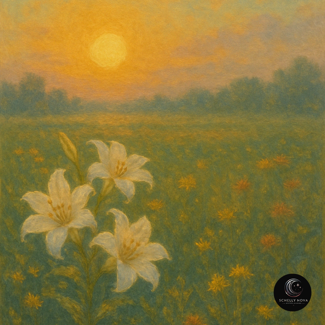 Oil painting of a peaceful Easter sunrise over a field of wildflowers, with white lilies in the foreground and soft golden light illuminating the landscape, symbolizing renewal and quiet reflection.