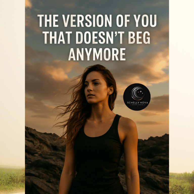 A confident woman stands tall in a moody cityscape, head turned slightly with strength in her eyes, symbolizing the version of you that no longer chases, begs, or breaks.