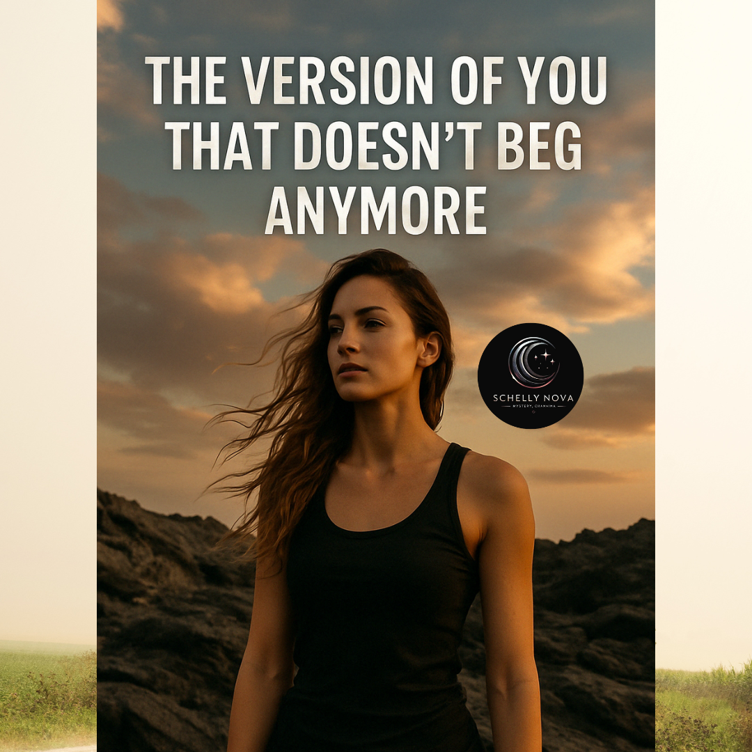 A confident woman stands tall in a moody cityscape, head turned slightly with strength in her eyes, symbolizing the version of you that no longer chases, begs, or breaks.