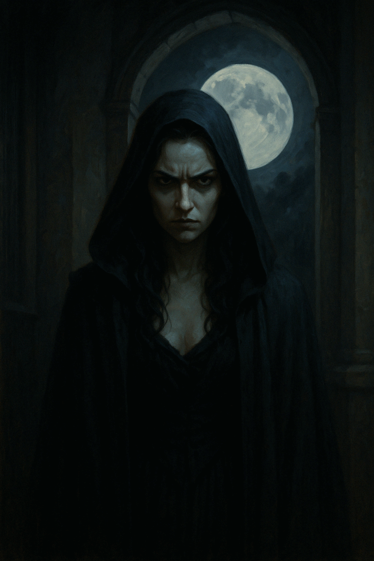 A mysterious woman cloaked in black stands beneath a glowing full moon, her fierce gaze piercing the shadows — embodying the awakening power society once called villainy.