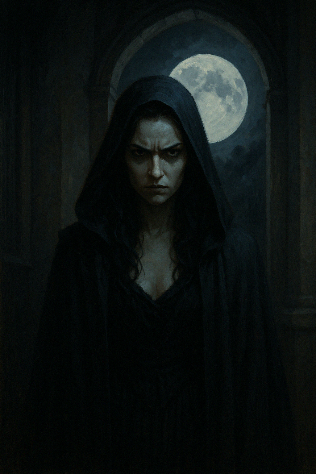 A mysterious woman cloaked in black stands beneath a glowing full moon, her fierce gaze piercing the shadows — embodying the awakening power society once called villainy.