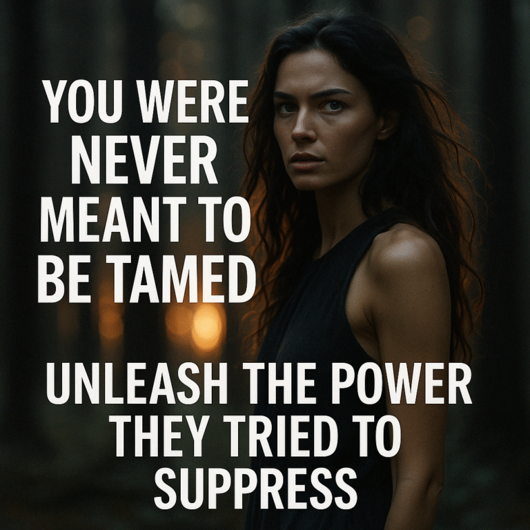 A defiant woman stands silhouetted under a stormy sky, her hair wild in the wind, surrounded by the word “TAMED” breaking apart in glowing fragments — symbolizing the unleashed power of a soul that refuses to be controlled.