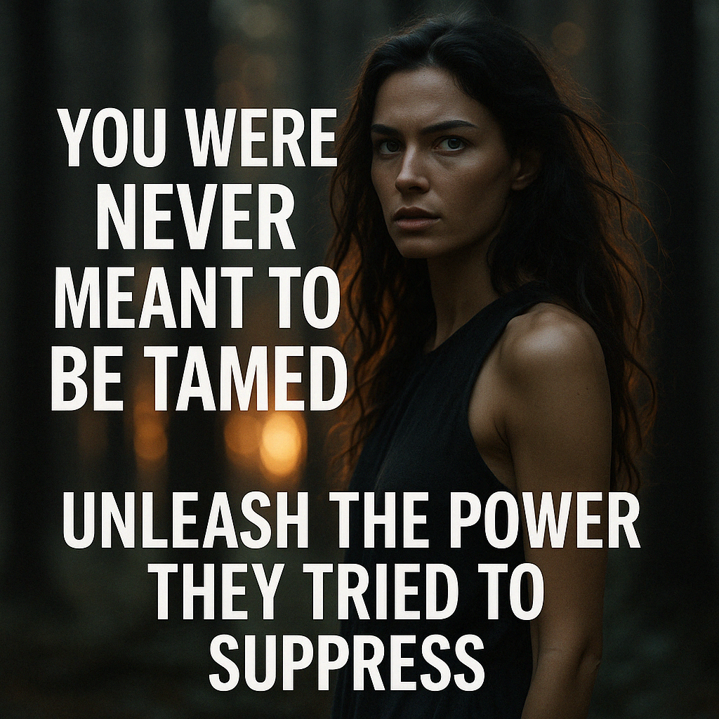 A defiant woman stands silhouetted under a stormy sky, her hair wild in the wind, surrounded by the word “TAMED” breaking apart in glowing fragments — symbolizing the unleashed power of a soul that refuses to be controlled.