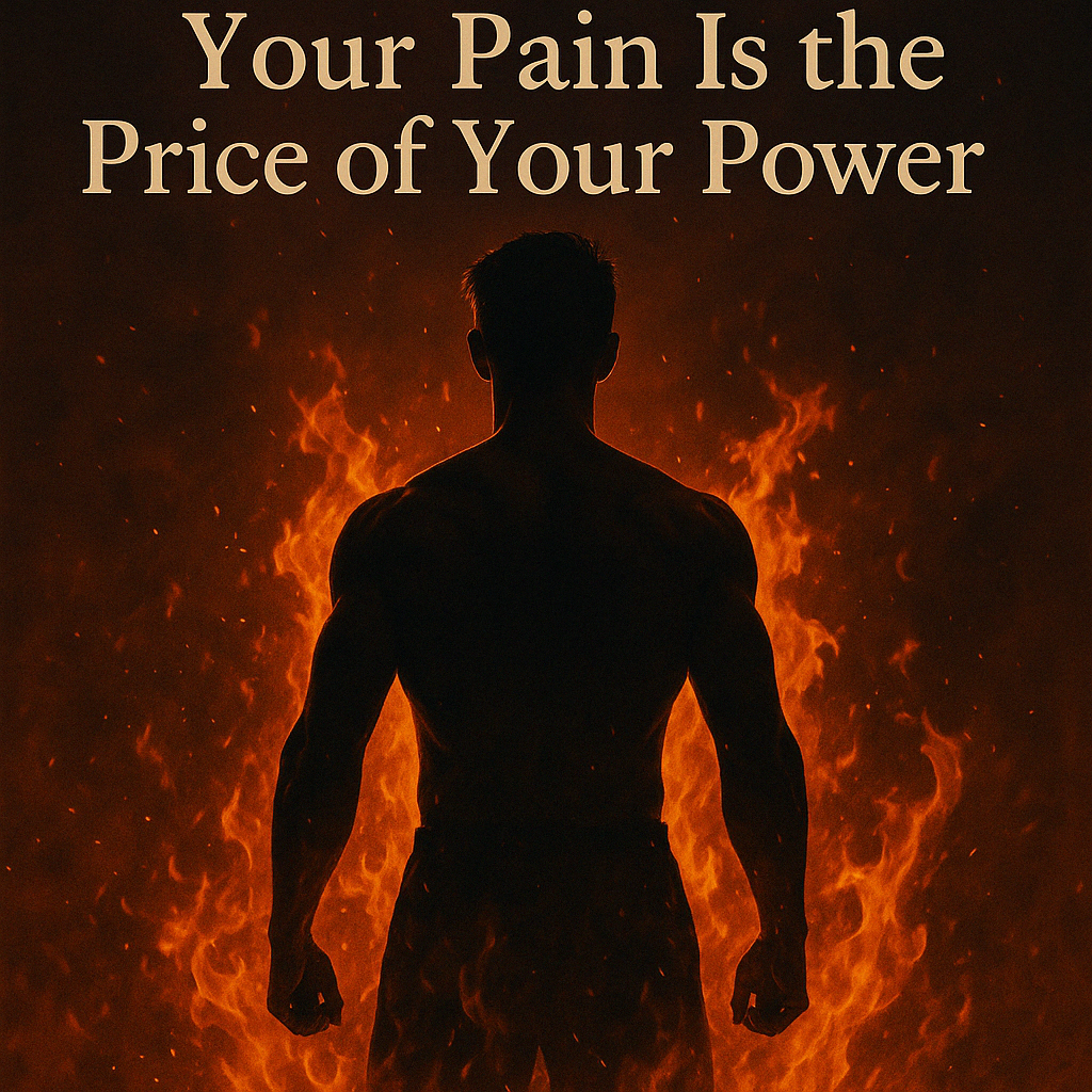 A fierce woman with a scarred face stands in rising flames, eyes closed in silent power, symbolizing the transformation of pain into unstoppable inner strength.