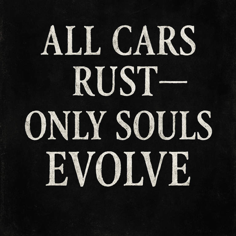 A bold digital graphic features the phrase “All Cars Rust — Only Souls Evolve” in distressed serif type against a dark, weathered background, symbolizing the decay of surface-level values and the enduring nature of the soul.