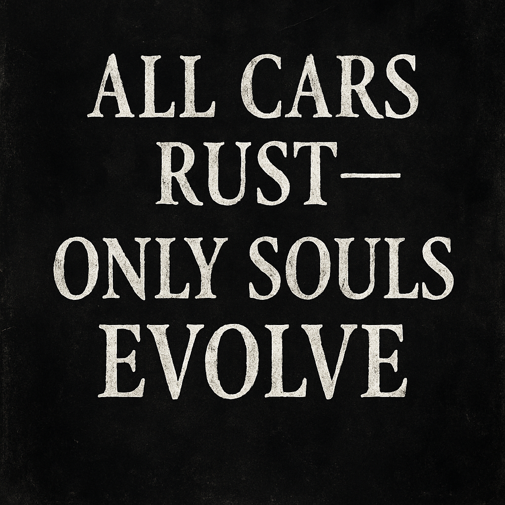 A bold digital graphic features the phrase “All Cars Rust — Only Souls Evolve” in distressed serif type against a dark, weathered background, symbolizing the decay of surface-level values and the enduring nature of the soul.