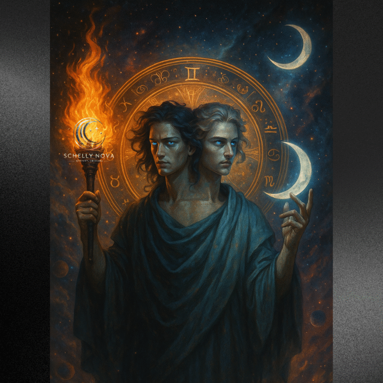 A digital painting merges fantasy and astrology, depicting an androgynous Gemini figure with dual faces, one gazing forward and the other turned aside. The figure holds a burning torch and a glowing crescent moon against a backdrop of swirling celestial symbols and cosmic hues, representing duality, adaptability, and the mystic essence of Gemini.
