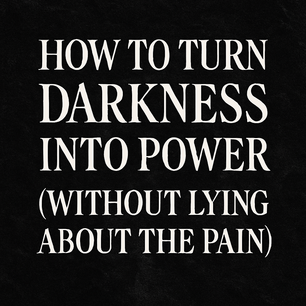 A bold digital graphic displays the phrase “How to Turn Darkness Into Power (Without Lying About the Pain)” in strong white serif text over a black, textured background, symbolizing resilience, truth, and transformation.