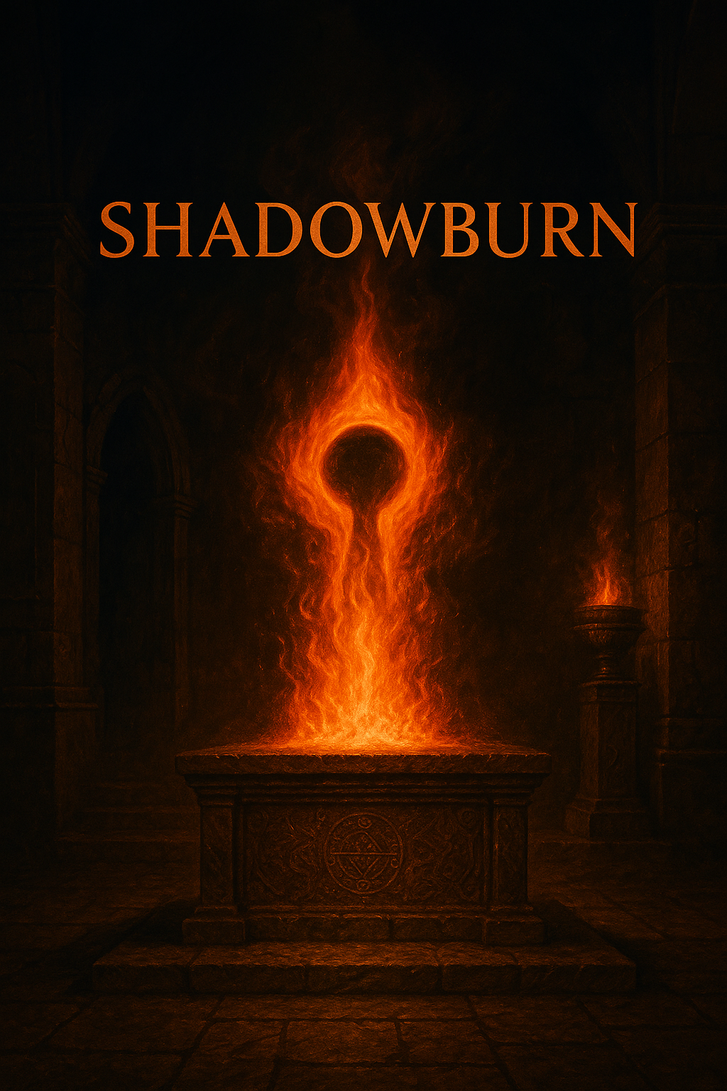 A digital painting displays an ancient, dimly lit chamber with a glowing keyhole-shaped flame rising from a stone altar, beneath the word "SHADOWBURN" in fiery orange serif text, symbolizing mystery, transformation, and ritual.