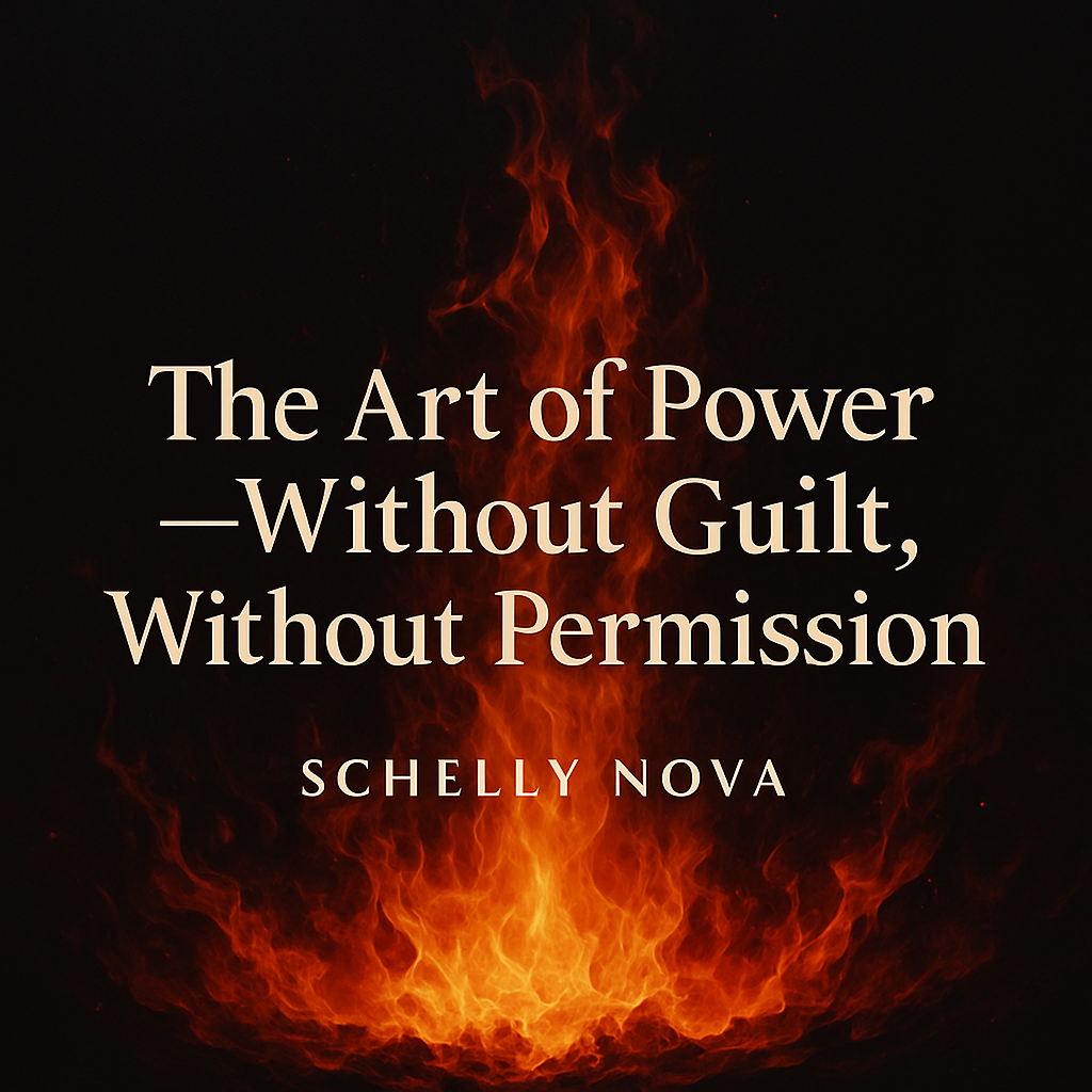 A digital image designed as a promotional graphic for the post “The Art of Power — Without Guilt, Without Permission,” featuring bold serif text above roaring fire on a dark background, symbolizing unapologetic strength and focused dominance.